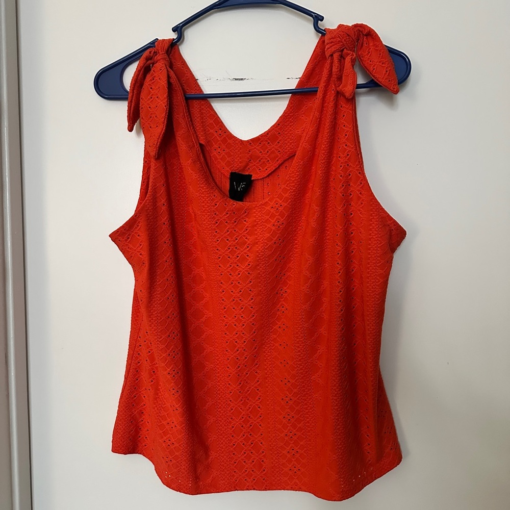 Adorable orange embroidered sleeveless top with ties at shoulders
